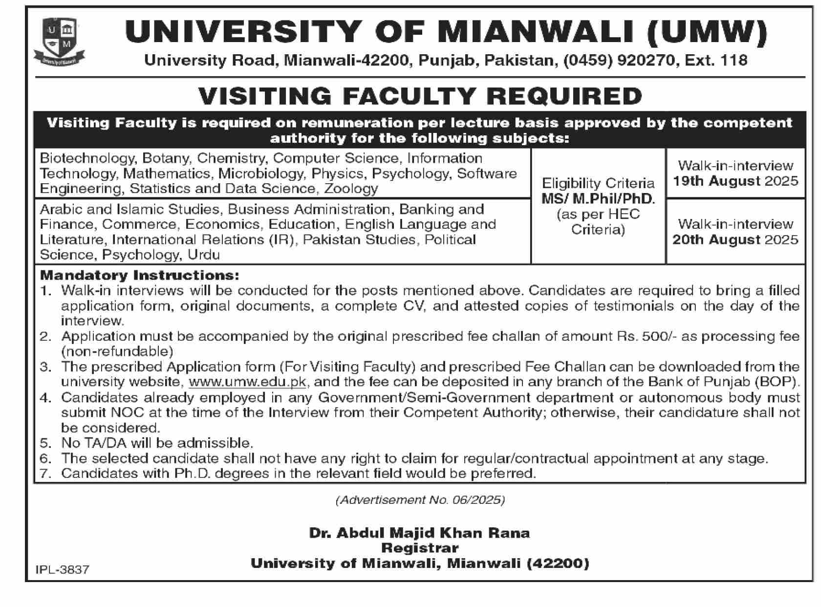Jobs in University of Mianwali